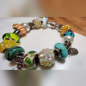 Leather & Sterling Silver Pandora Bracelet with Stamped Beads & Charms